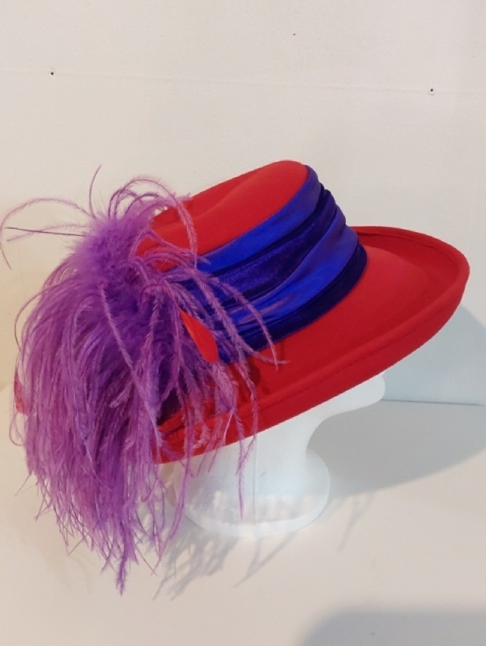 Red Hat Society| Red Wool Derby Hat Purple Band & Purple Puffs Fancy Dressy OS
